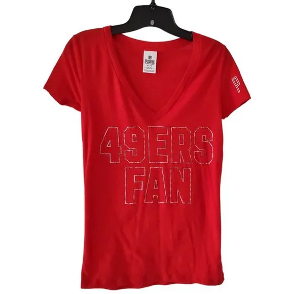 Victorias Secret Pink San Francisco 49ers Bling V-Neck T-Shirt | NWOT | XS | Red - Picture 2 of 10